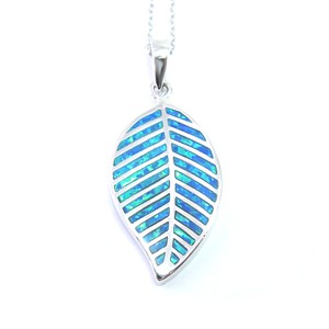 Blue Fire Opal Inlay Leaf Pendant with Chain